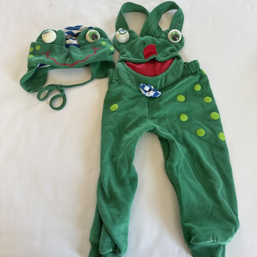 Vtg wollypogs frog outfit Sz 2t Infant Pattycakes Bibs Hat Googly Eye Zip Legs